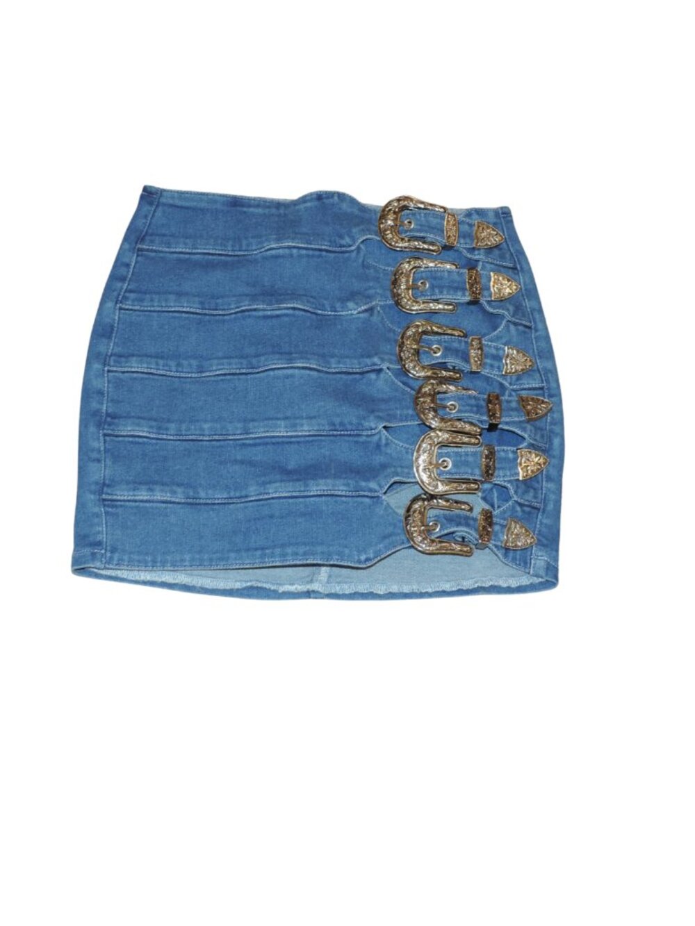Windsor Blue Denim Mini Skirt with Gold Buckle Accents